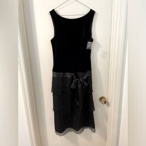 Vintage Y2K Eliza J Black Sheath Velvet and 3 tier Ruffle Silk Cocktail Dress